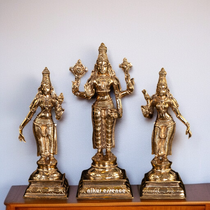 Panchaloha Vishnu with Sridevi and Bhudevi statue - 9.75 inches Nikuressence