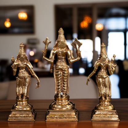 Panchaloha Vishnu with Sridevi and Bhudevi statue - 9.75 inches Nikuressence