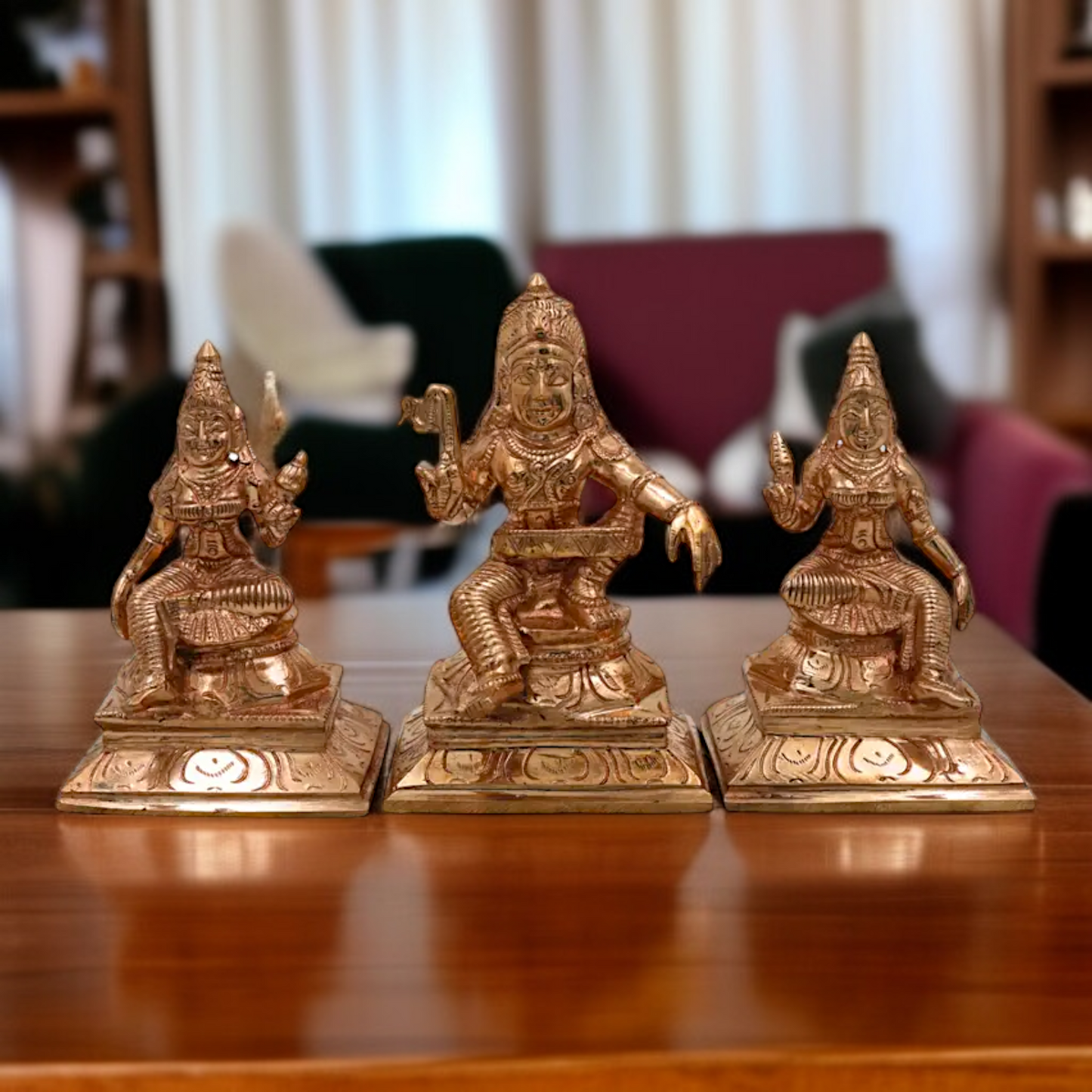 Panchaloha Sastha Ayyanar With Poorna and Pushkala God Seated statue - 4.5 Inches Nikuressence