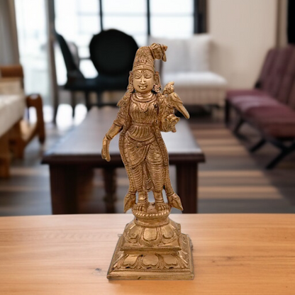 Goddess Meenakshi Standing with parrot Panchaloha idol - 6.5 Inches Nikuressence