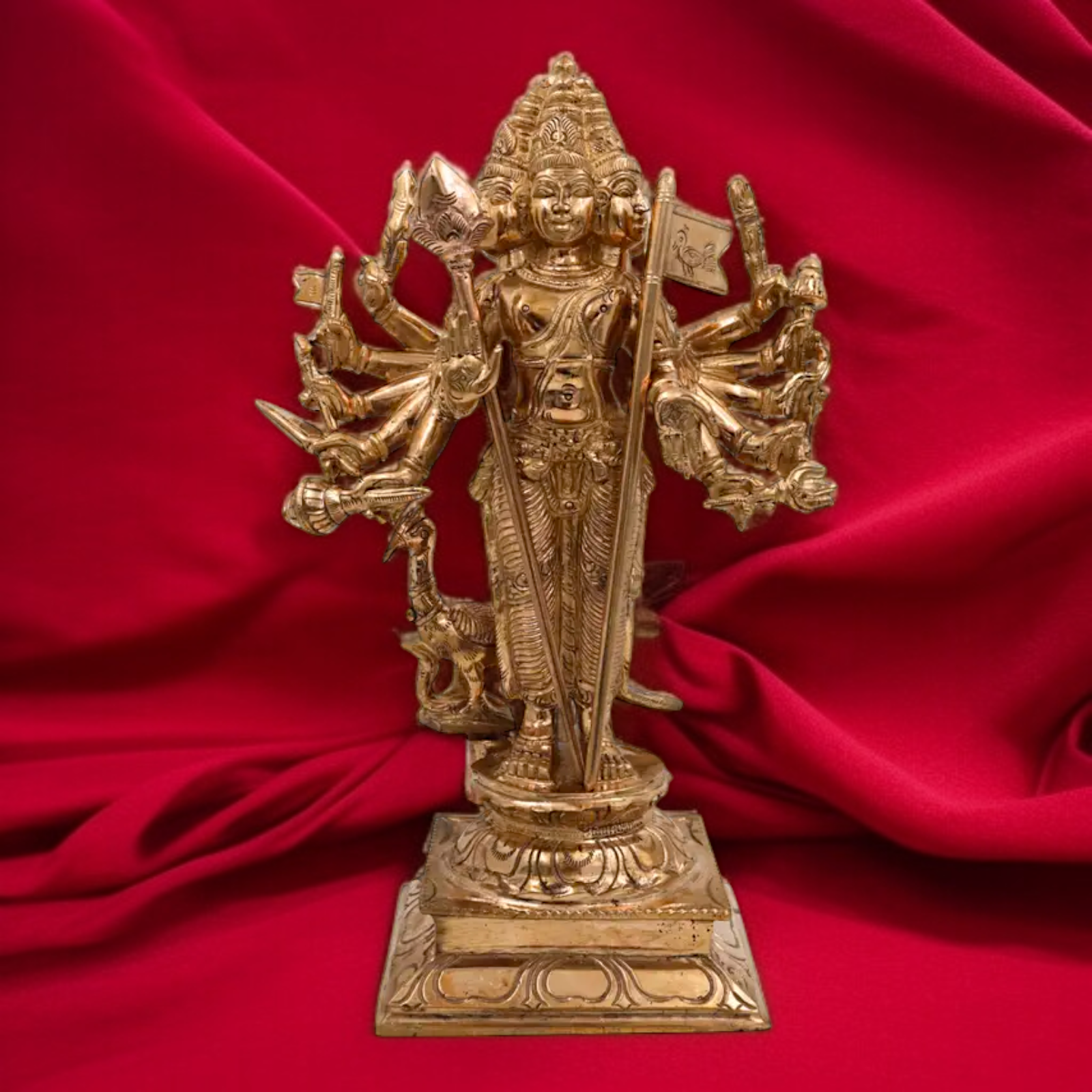 Lord Murugan six Armed Standing with Blessing and peacock Panchaloha idol - 12.5 Inches Nikuressence