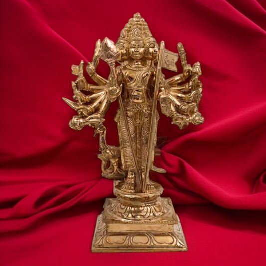 Lord Murugan six Armed Standing with Blessing and peacock Panchaloha idol - 12.5 Inches Nikuressence
