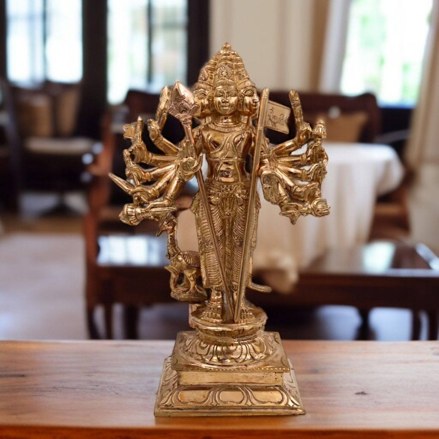 Lord Murugan six Armed Standing with Blessing and peacock Panchaloha idol - 12.5 Inches Nikuressence