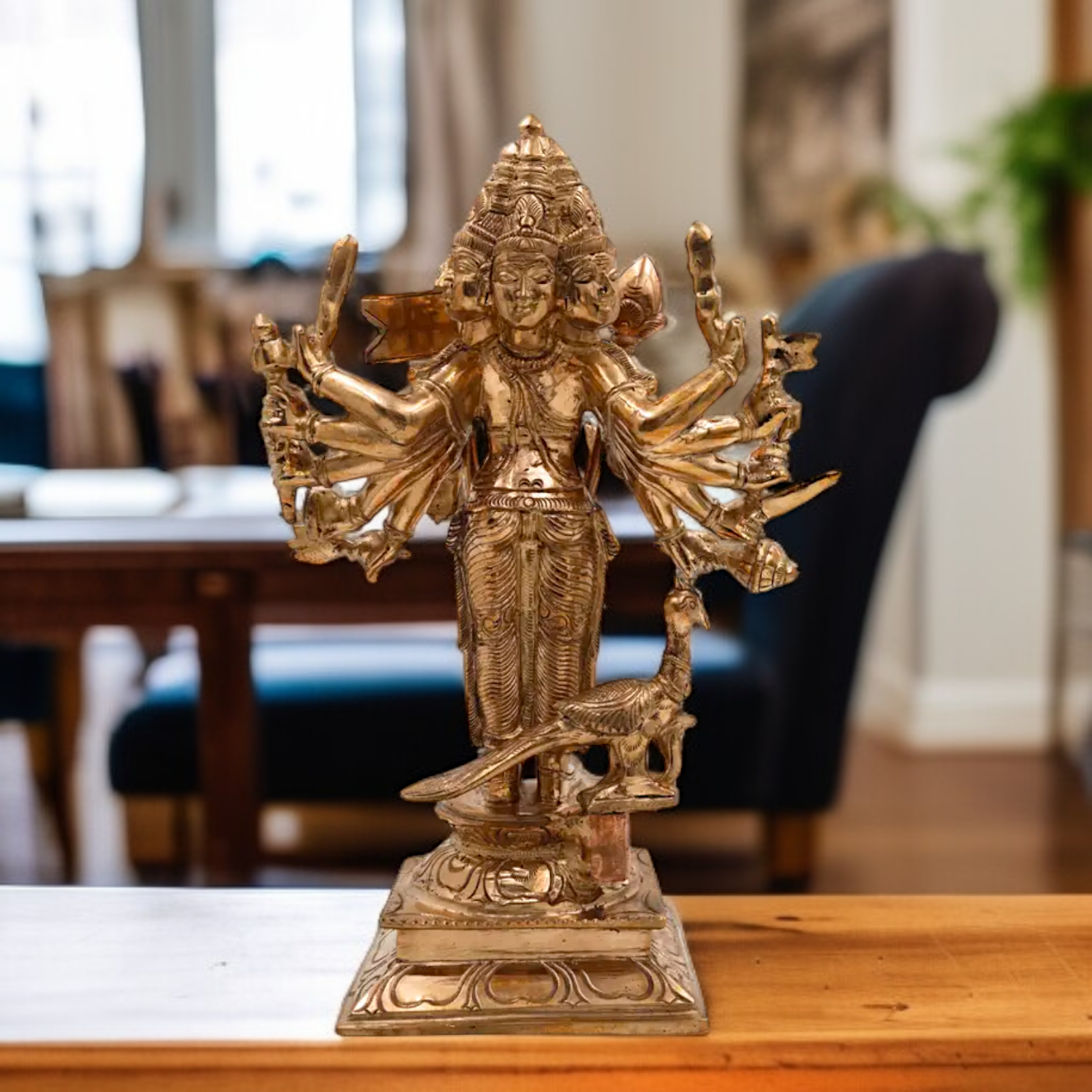 Lord Murugan six Armed Standing with Blessing and peacock Panchaloha idol - 12.5 Inches Nikuressence