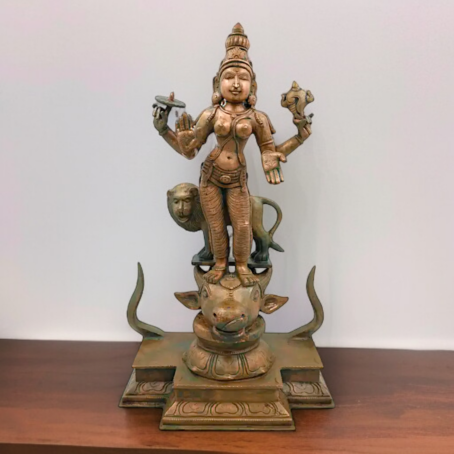 Goddess Durga with Lion Standing Panchaloha idol - 19 Inches Nikuressence