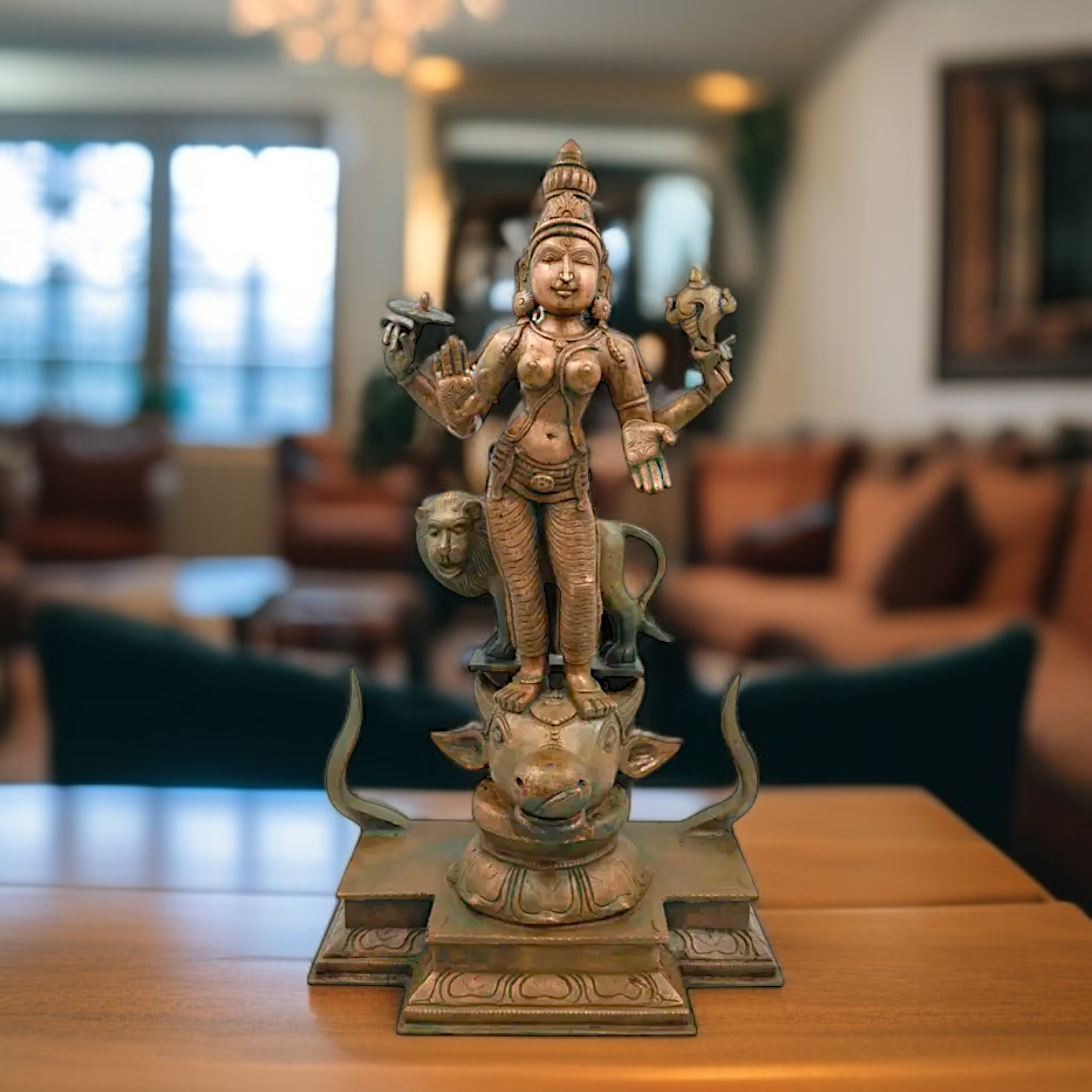 Goddess Durga with Lion Standing Panchaloha idol - 19 Inches Nikuressence