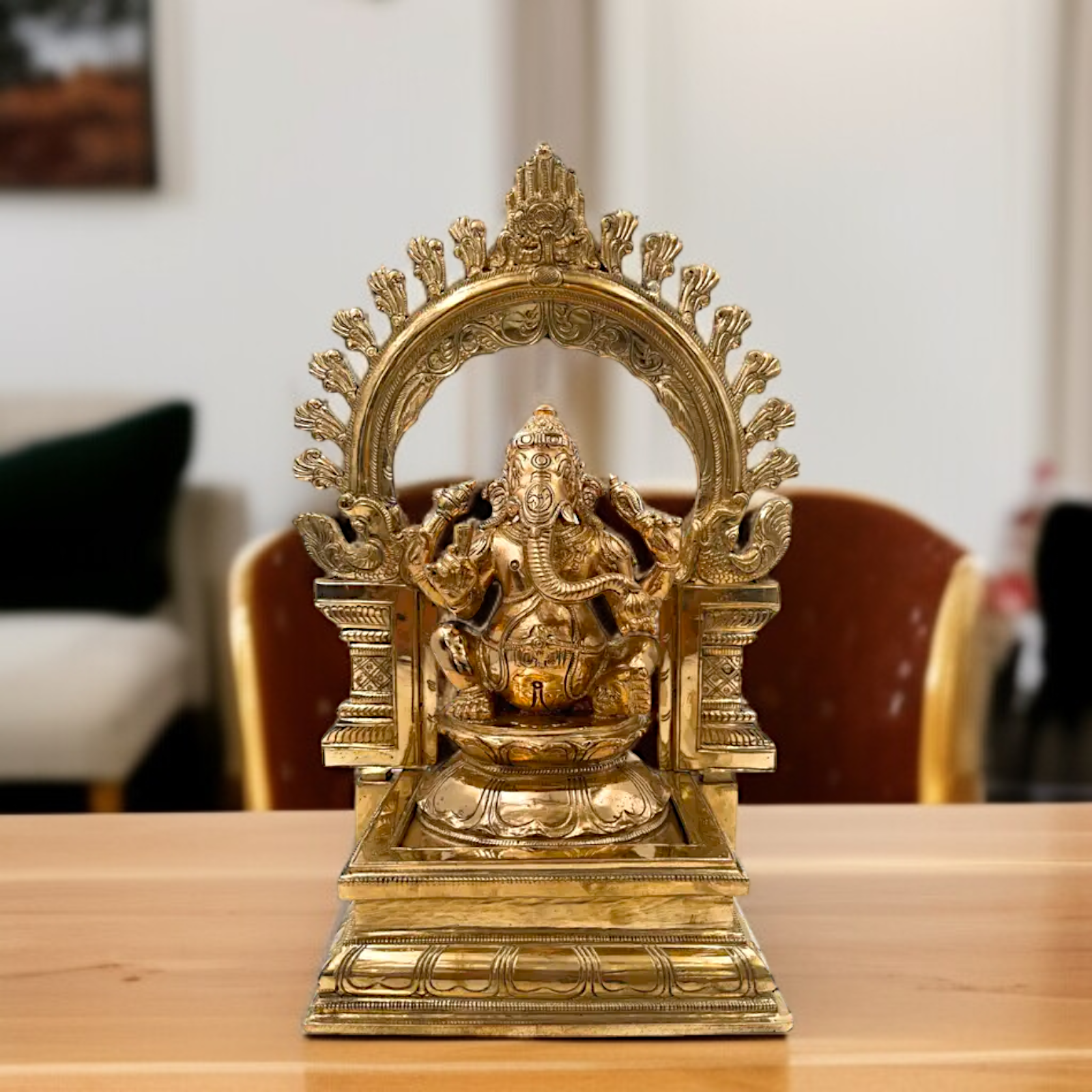 Lord Ganesha seated on singhasan with Blessing Panchaloha idol - 13 Inches Nikuressence