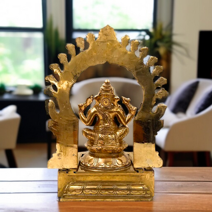 Lord Ganesha seated on singhasan with Blessing Panchaloha idol - 13 Inches Nikuressence