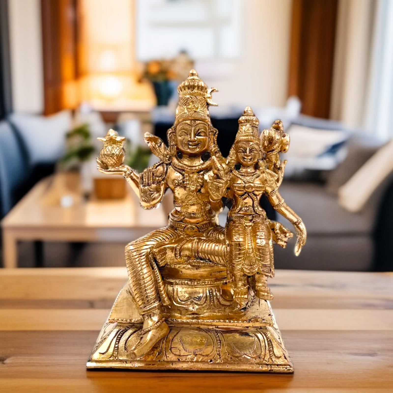 Bronze/Panchaloha Shiva Parvati seated with Blessing statue - 6.5 Inches Nikuressence