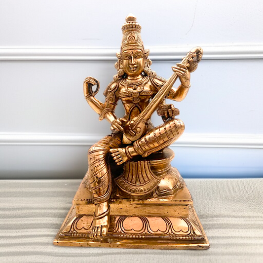 Goddess Saraswati Maa Seated with Playing Veena Panchaloha idol - 13 Inches Nikuressence