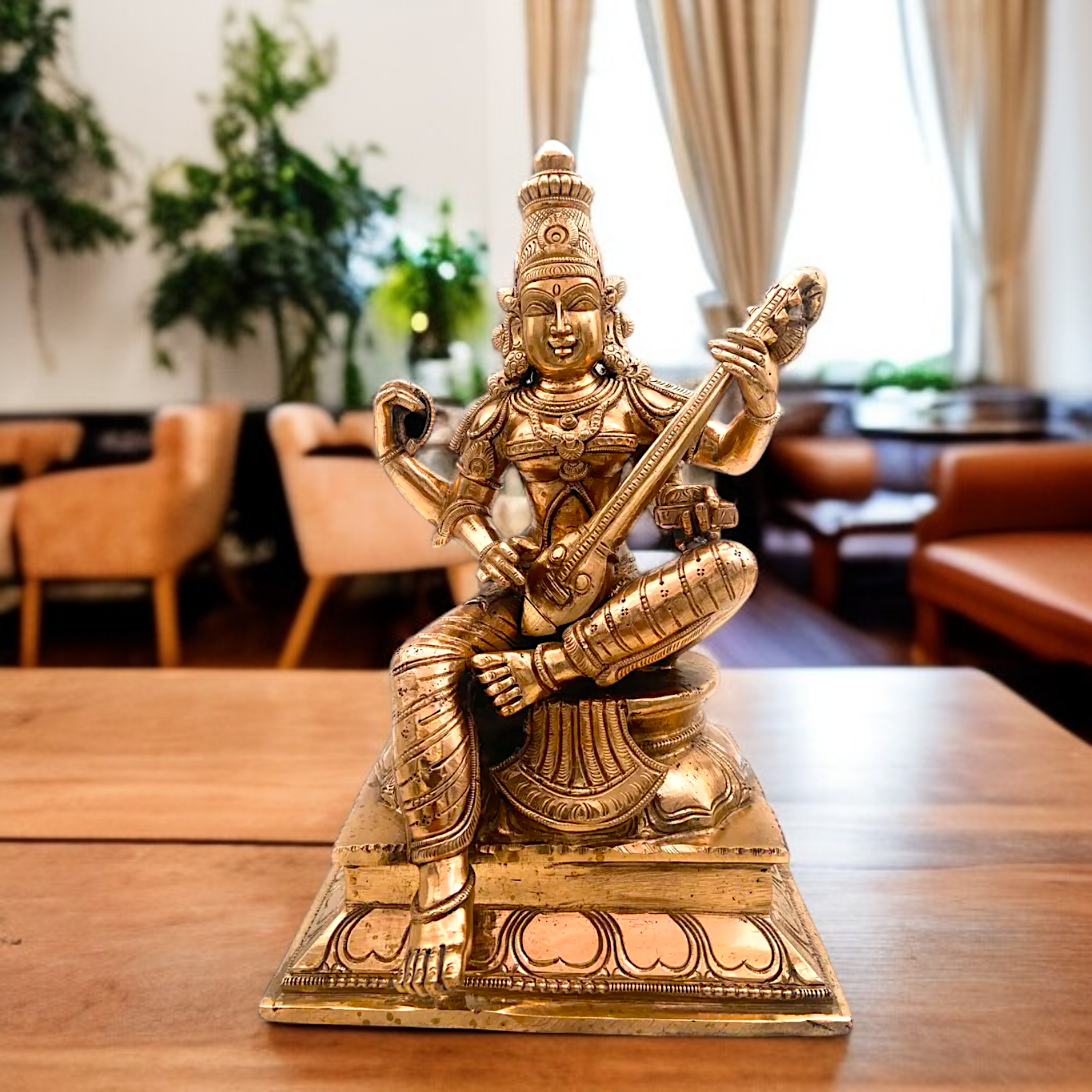 Goddess Saraswati Maa Seated with Playing Veena Panchaloha idol - 13 Inches Nikuressence