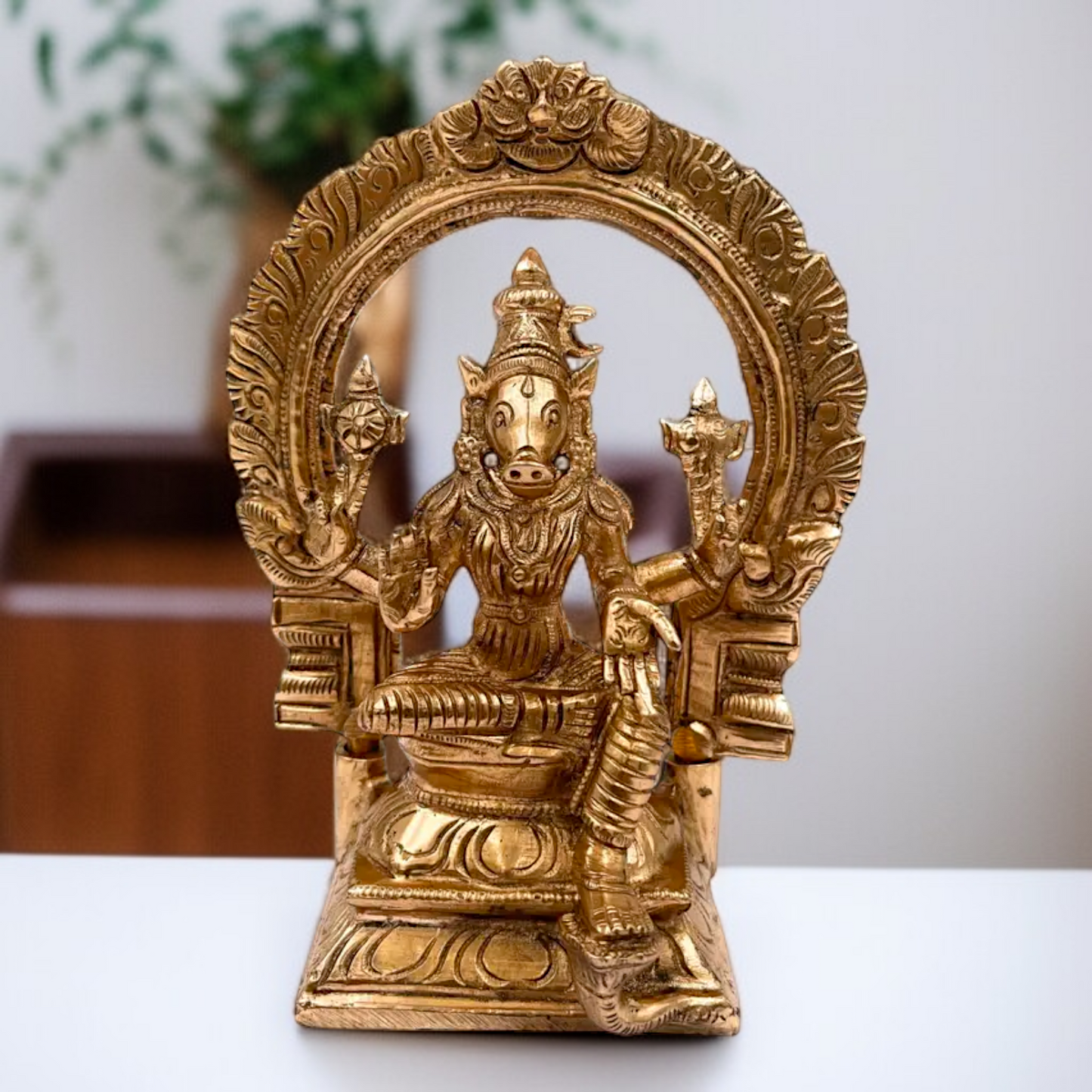 Goddess Varahi Amman Devi seated with Blessing Panchaloha bronze statue - 6 inches Nikuressence