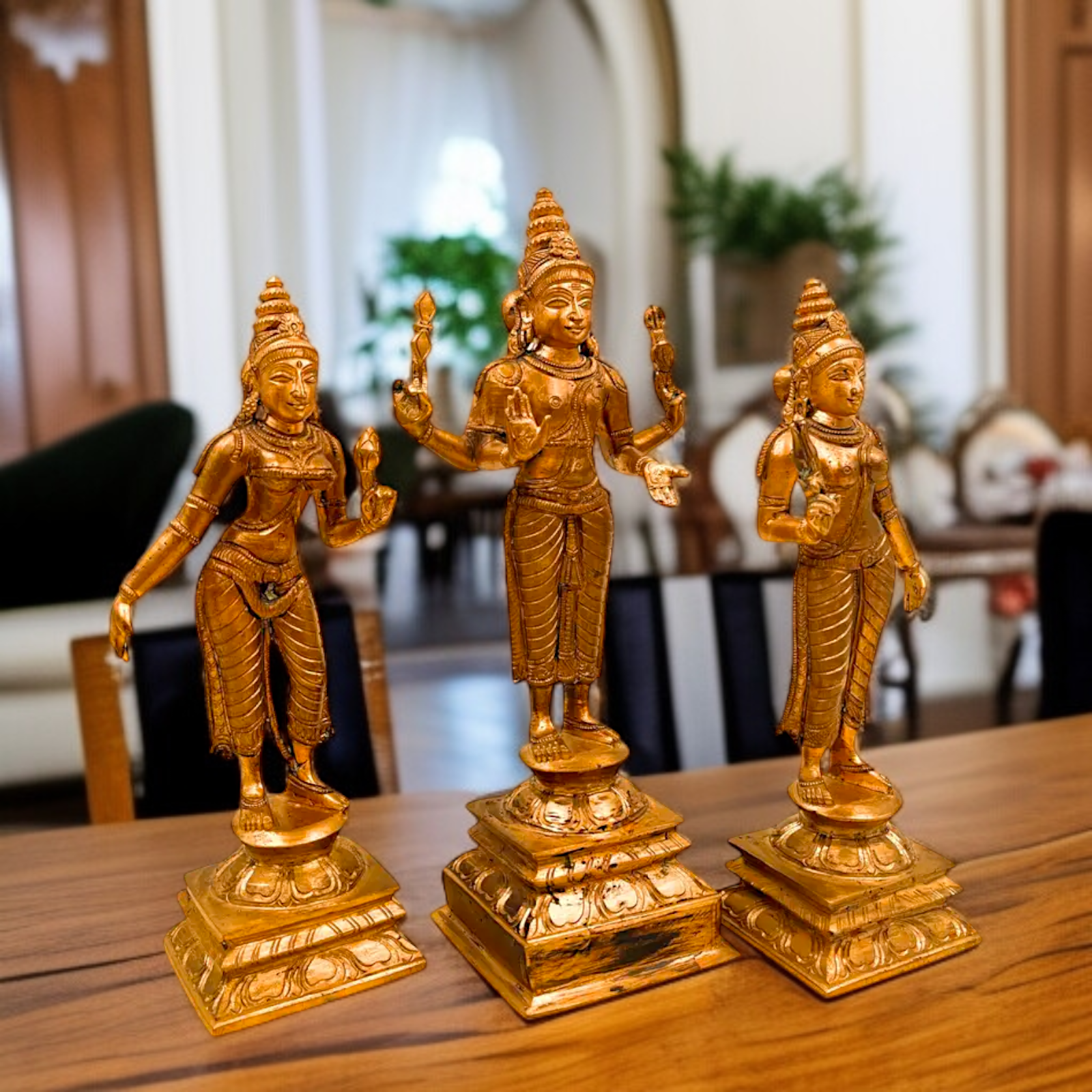 Lord Murugan Kartikeya Swamy with devasena and Valli Standing Panchaloha idol - 9 Inches Nikuressence