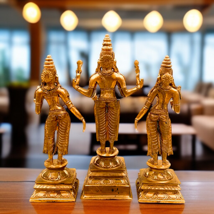 Lord Murugan Kartikeya Swamy with devasena and Valli Standing Panchaloha idol - 9 Inches Nikuressence