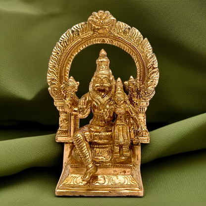 Vishnu Narasimha Swamy Bhagwan with Lakshmi Maa Seated with Blessing Panchaloha bronze idol - 7 Inches Nikuressence
