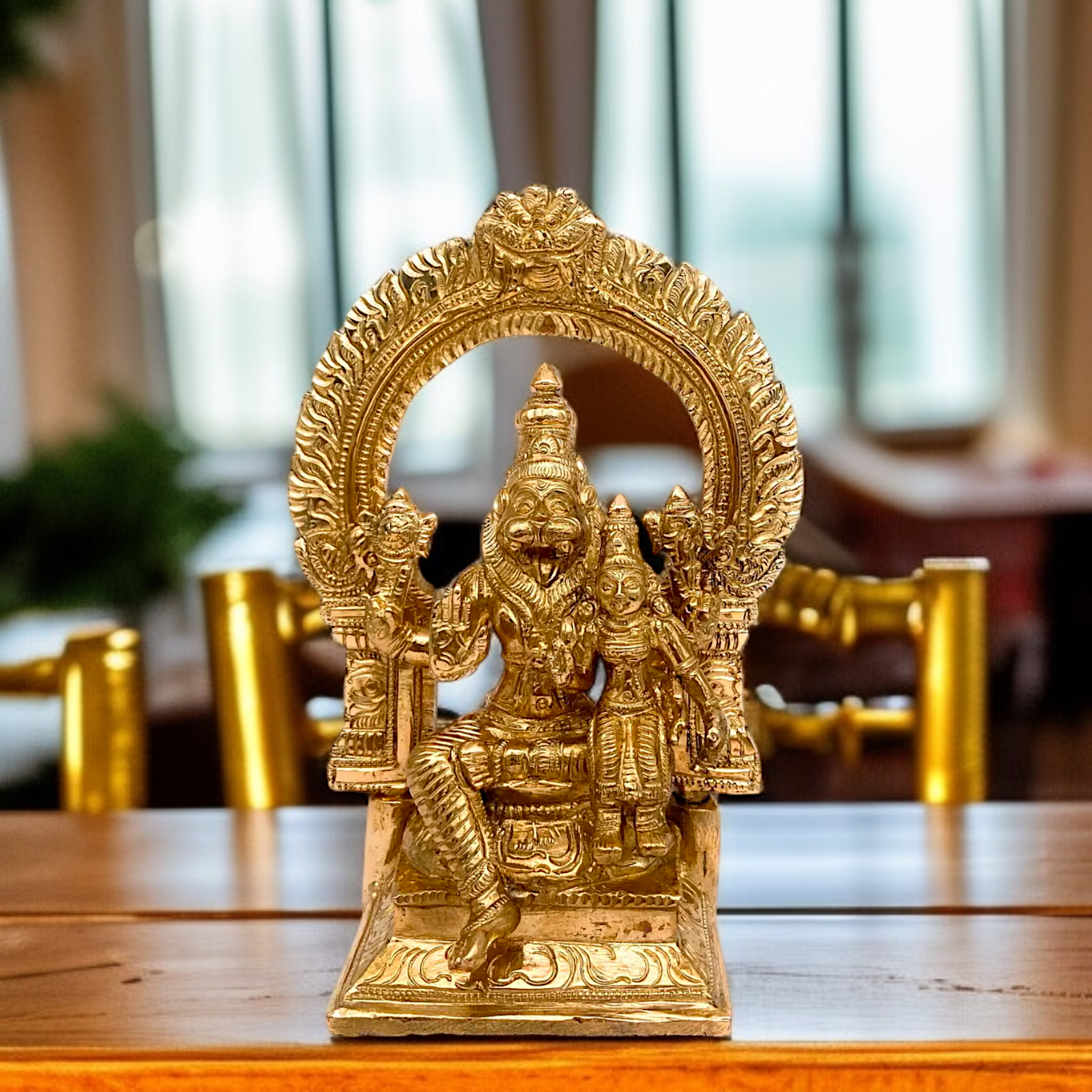 Vishnu Narasimha Swamy Bhagwan with Lakshmi Maa Seated with Blessing Panchaloha bronze idol - 7 Inches Nikuressence