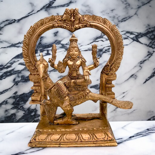 Lord Murugan Kartikeya seated on peacock bronze/Panchaloha idol - 8 Inches Nikuressence