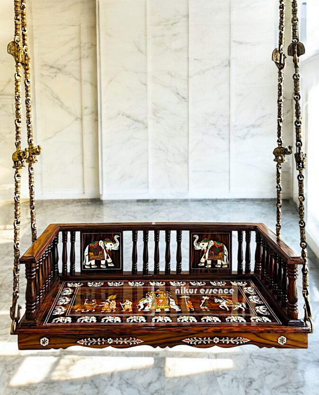 Wooden Jhoola with 4 Brass Chains, Elephant & Peacock Carvings, Ceiling Hooks & Plank Joints Nikuressence