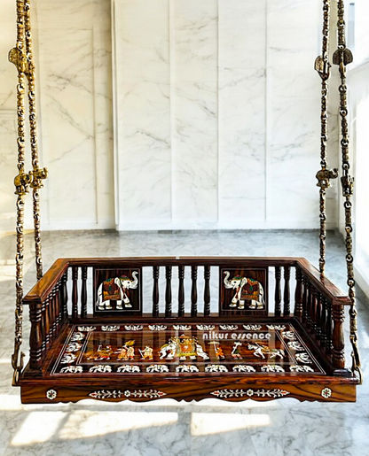 Wooden Jhoola with 4 Brass Chains, Elephant & Peacock Carvings, Ceiling Hooks & Plank Joints Nikuressence