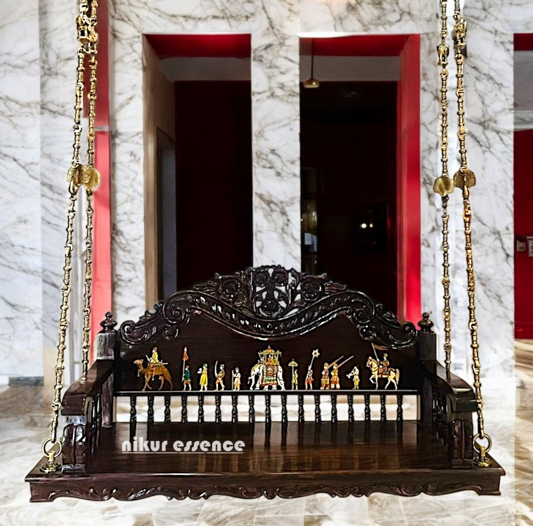 Handcrafted Wooden Oonjal (Jhula/Swing) – 5ft Royal Wooden Swing with Brass Chains & Traditional Inlay Work Nikuressence