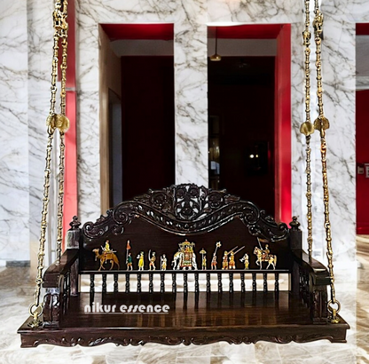 Handcrafted Wooden Oonjal (Jhula/Swing) – 5ft Royal Wooden Swing with Brass Chains & Traditional Inlay Work Nikuressence