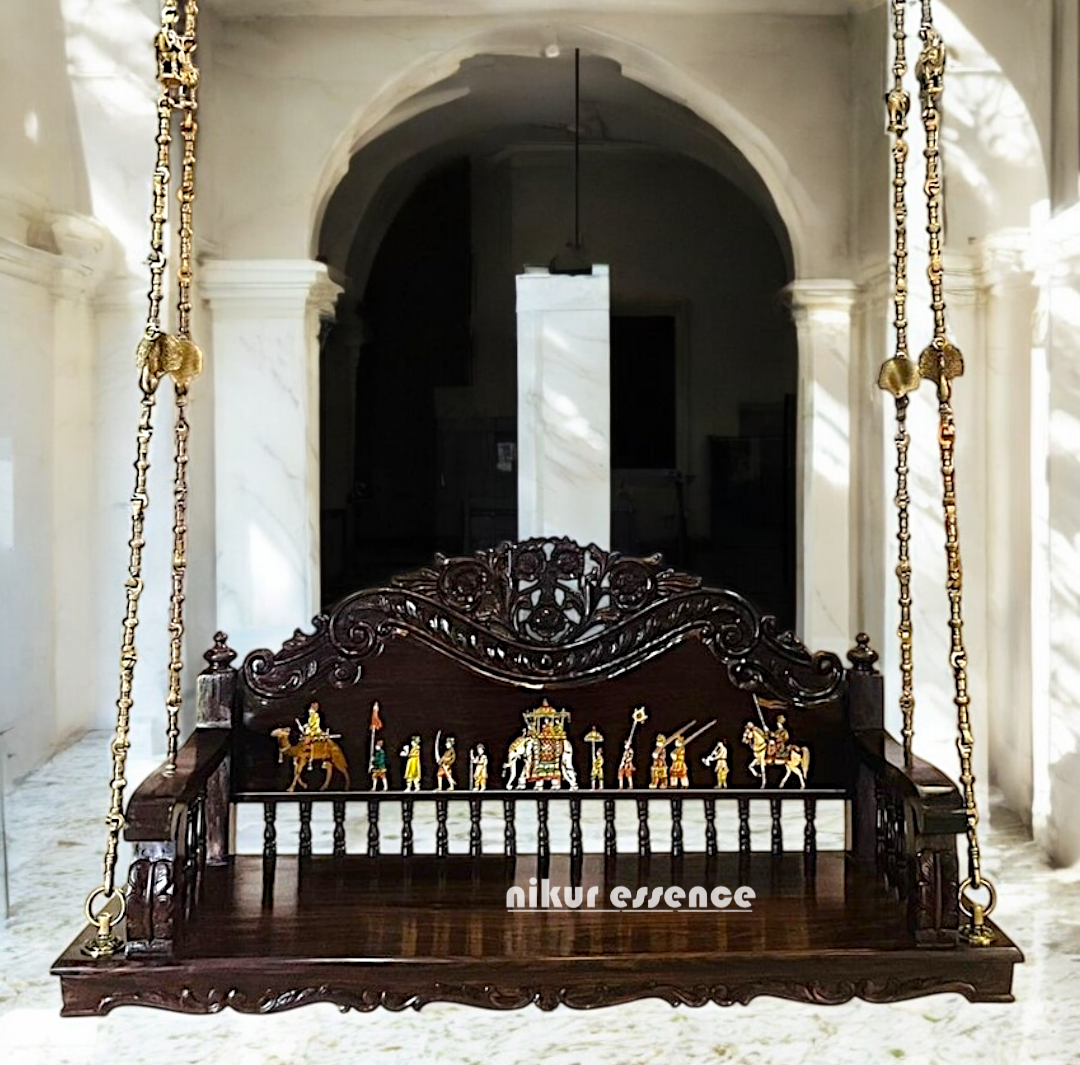 Handcrafted Wooden Oonjal (Jhula/Swing) – 5ft Royal Wooden Swing with Brass Chains & Traditional Inlay Work Nikuressence
