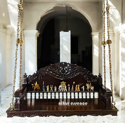 Handcrafted Wooden Oonjal (Jhula/Swing) – 5ft Royal Wooden Swing with Brass Chains & Traditional Inlay Work Nikuressence