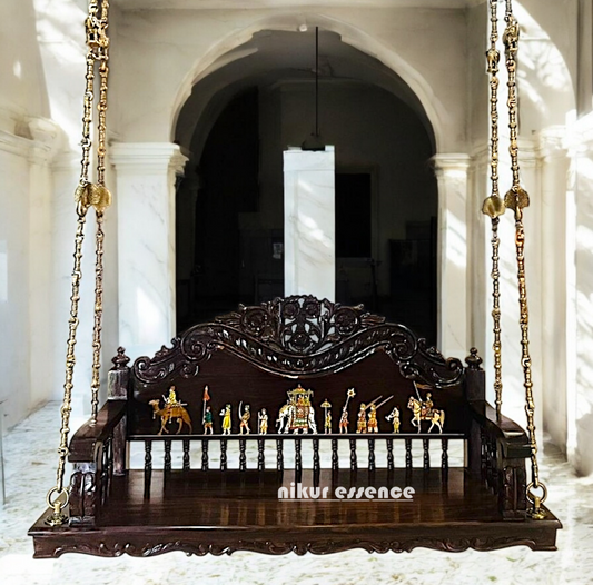 Handcrafted Wooden Oonjal (Jhula/Swing) – 5ft Royal Wooden Swing with Brass Chains & Traditional Inlay Work Nikuressence