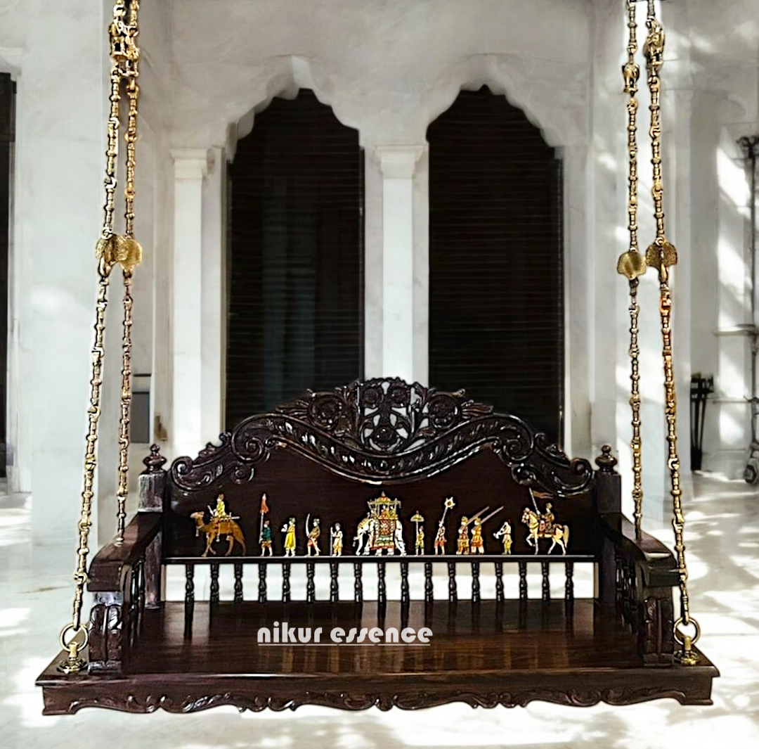 Handcrafted Wooden Oonjal (Jhula/Swing) – 5ft Royal Wooden Swing with Brass Chains & Traditional Inlay Work Nikuressence