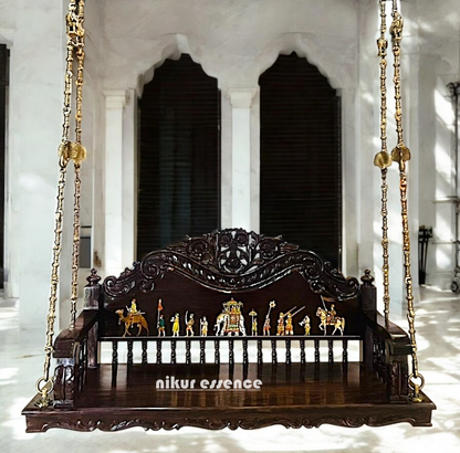 Handcrafted Wooden Oonjal (Jhula/Swing) – 5ft Royal Wooden Swing with Brass Chains & Traditional Inlay Work Nikuressence