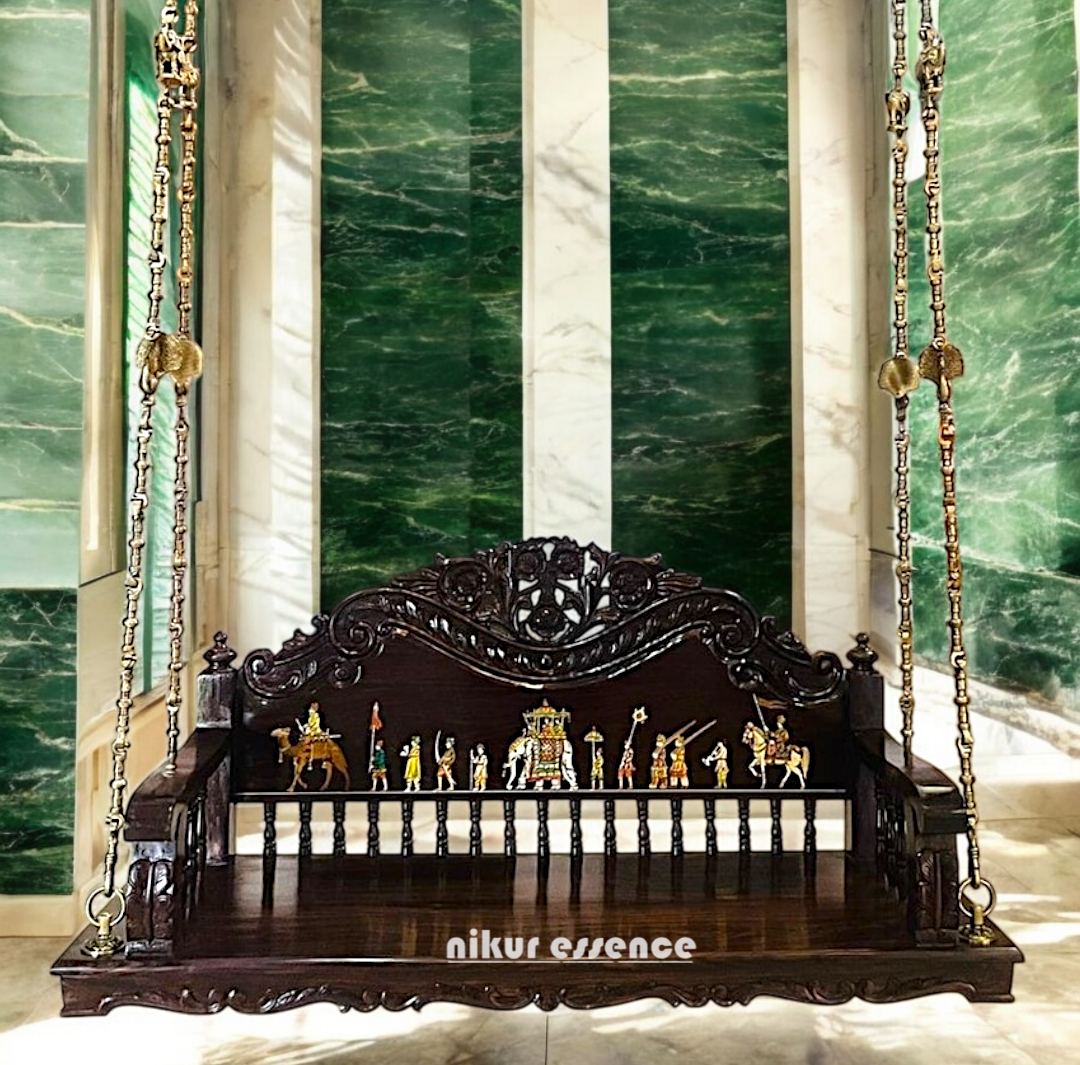 Handcrafted Wooden Oonjal (Jhula/Swing) – 5ft Royal Wooden Swing with Brass Chains & Traditional Inlay Work Nikuressence