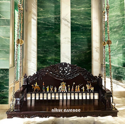 Handcrafted Wooden Oonjal (Jhula/Swing) – 5ft Royal Wooden Swing with Brass Chains & Traditional Inlay Work Nikuressence