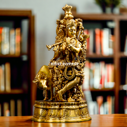 Lord Krishna Gopal standing with cow Brass idol - 23 inches Nikuressence