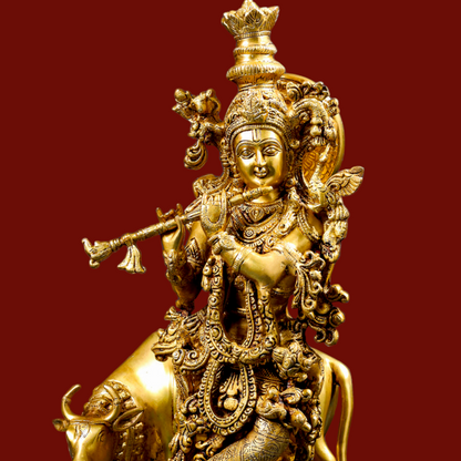 Lord Krishna Gopal standing with cow Brass idol - 23 inches Nikuressence