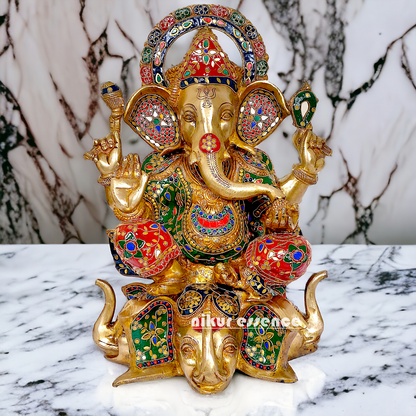 Brass Ganesha Sitting with Stone Work statue - 17 inches Nikuressence