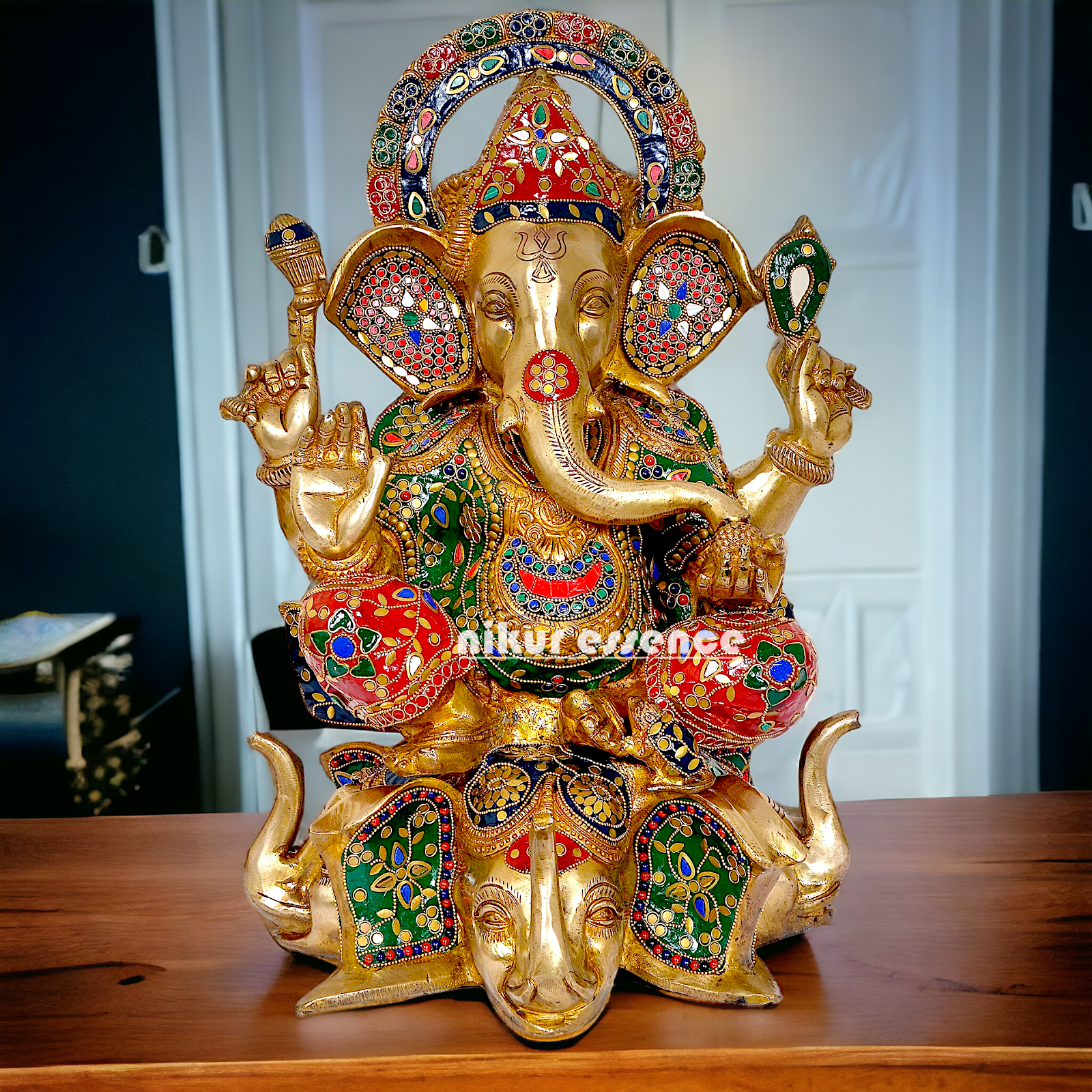 Brass Ganesha Sitting with Stone Work statue - 17 inches Nikuressence