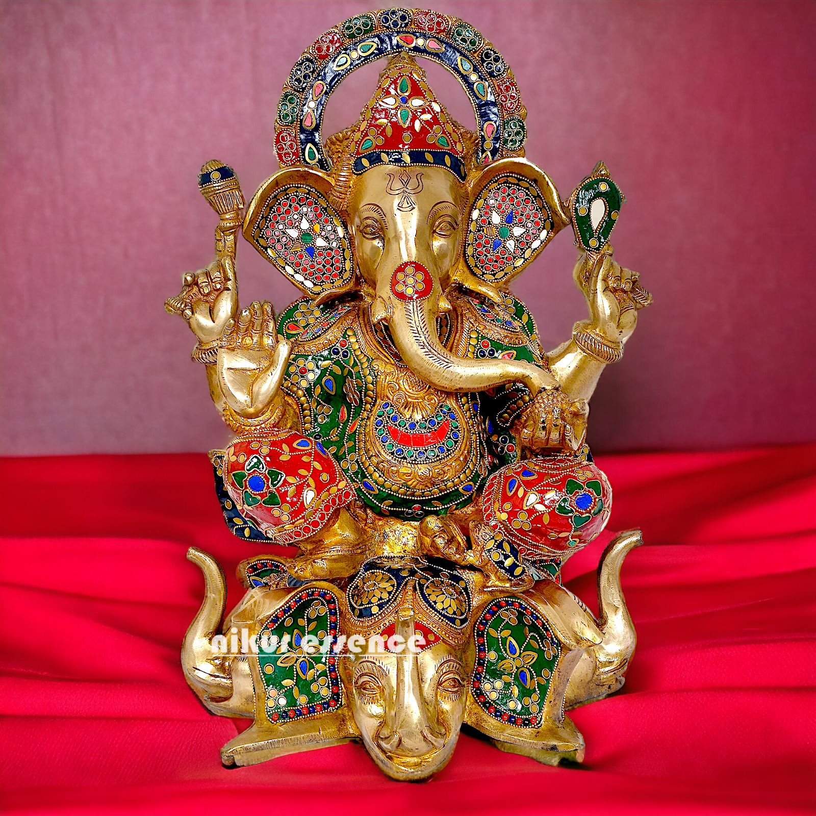 Brass Ganesha Sitting with Stone Work statue - 17 inches Nikuressence