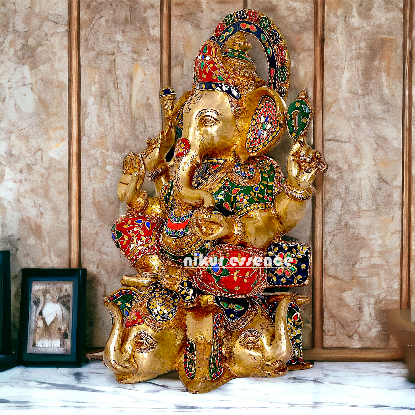 Brass Ganesha Sitting with Stone Work statue - 17 inches Nikuressence