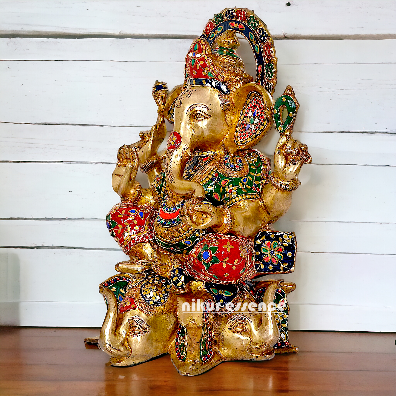 Brass Ganesha Sitting with Stone Work statue - 17 inches Nikuressence