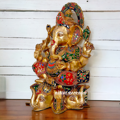 Brass Ganesha Sitting with Stone Work statue - 17 inches Nikuressence