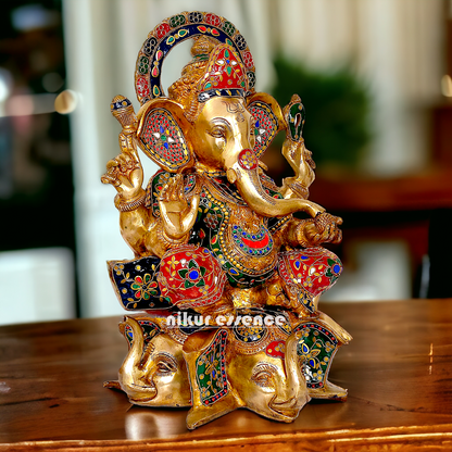 Brass Ganesha Sitting with Stone Work statue - 17 inches Nikuressence