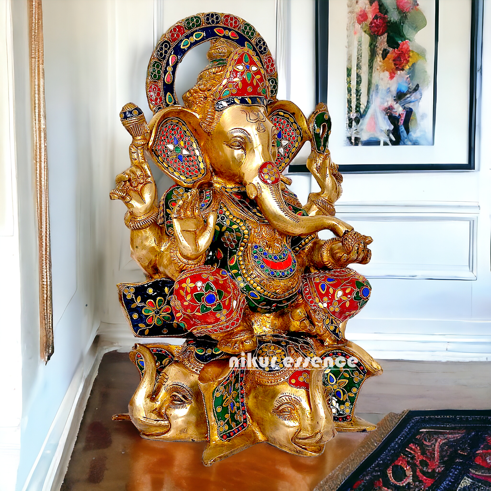 Brass Ganesha Sitting with Stone Work statue - 17 inches Nikuressence