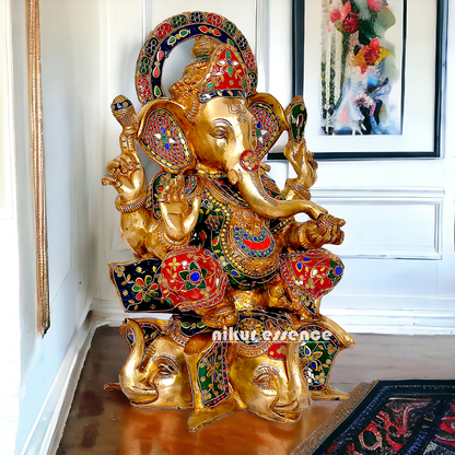 Brass Ganesha Sitting with Stone Work statue - 17 inches Nikuressence