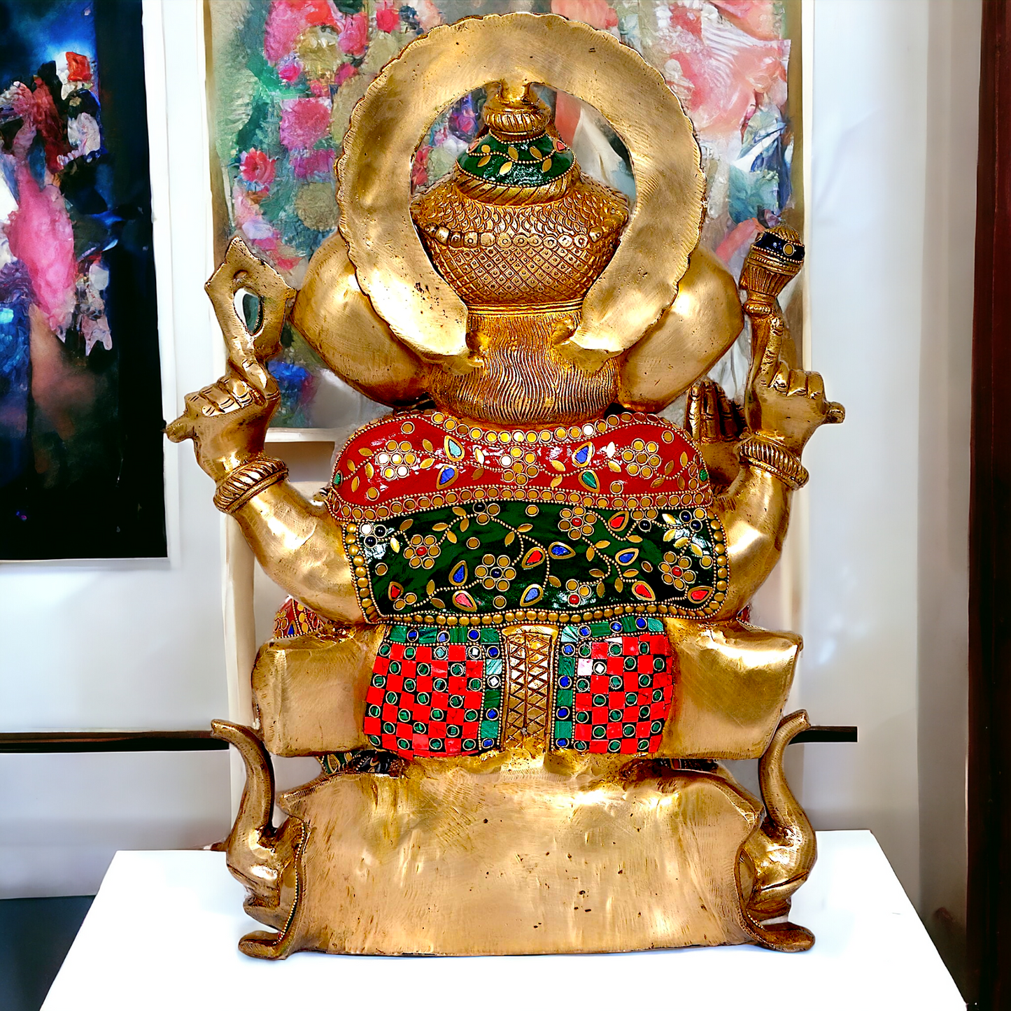 Brass Ganesha Sitting with Stone Work statue - 17 inches Nikuressence