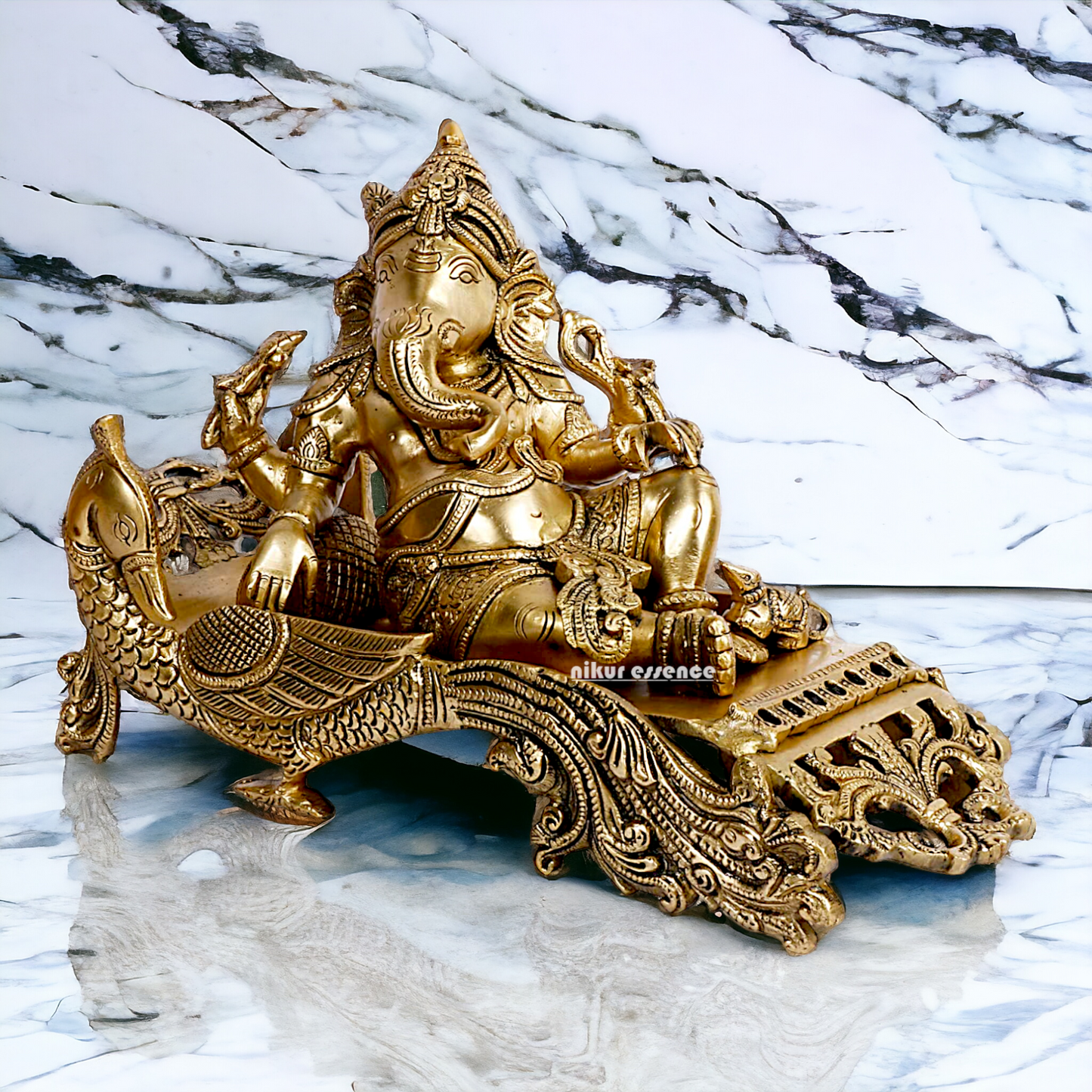 Solid Brass Ganesha Resting on Peacock statue - 11.5 inches Nikuressence