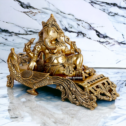 Solid Brass Ganesha Resting on Peacock statue - 11.5 inches Nikuressence