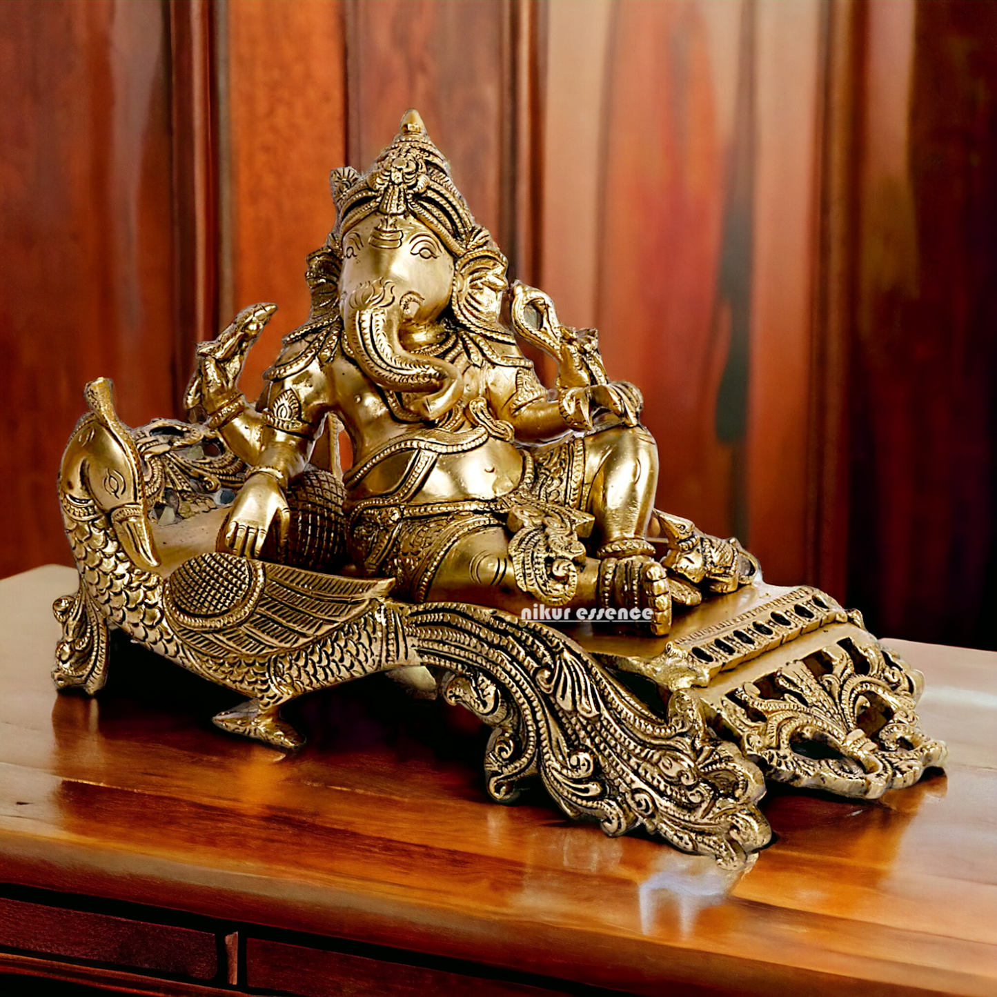 Solid Brass Ganesha Resting on Peacock statue - 11.5 inches Nikuressence