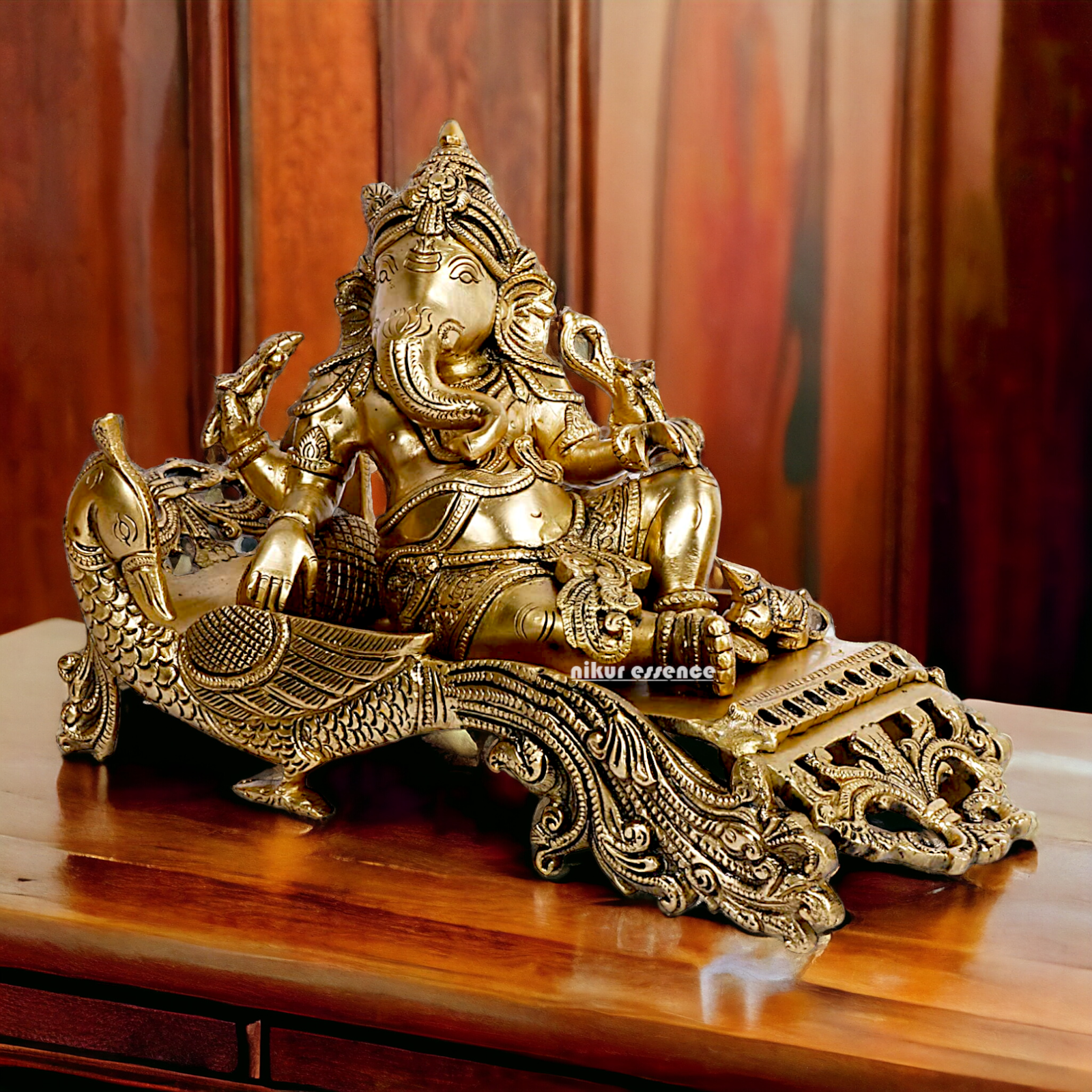 Solid Brass Ganesha Resting on Peacock statue - 11.5 inches Nikuressence