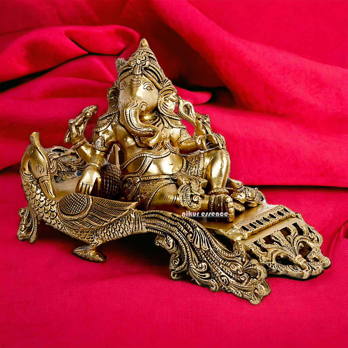 Solid Brass Ganesha Resting on Peacock statue - 11.5 inches Nikuressence