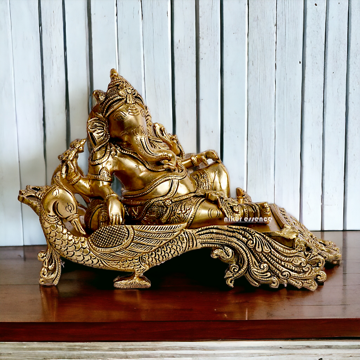 Solid Brass Ganesha Resting on Peacock statue - 11.5 inches Nikuressence